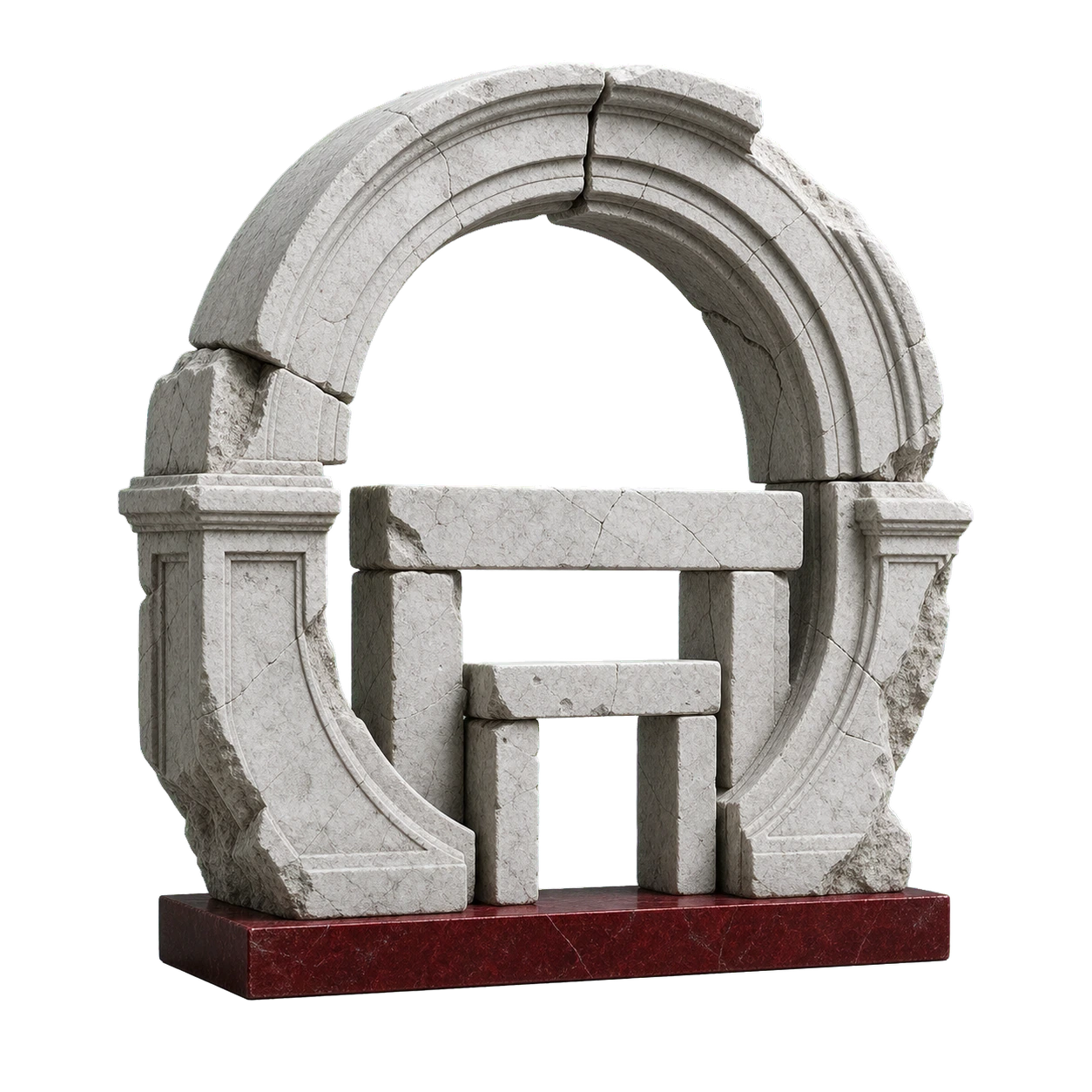 A fractured Roman marble arch built around nested structural openings